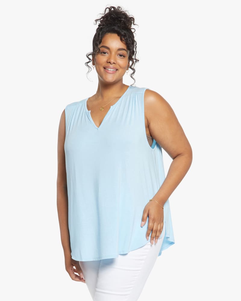 Front of a model wearing a size 0X Sleeveless Perfect Tee in Clear Sky by NYDJ. | dia_product_style_image_id:187601